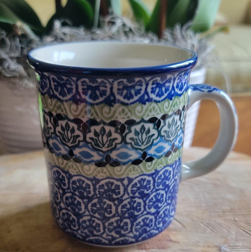 CERANIKA Blue and Green Patterned Ceramic Mug. Handcrafted In Poland.
